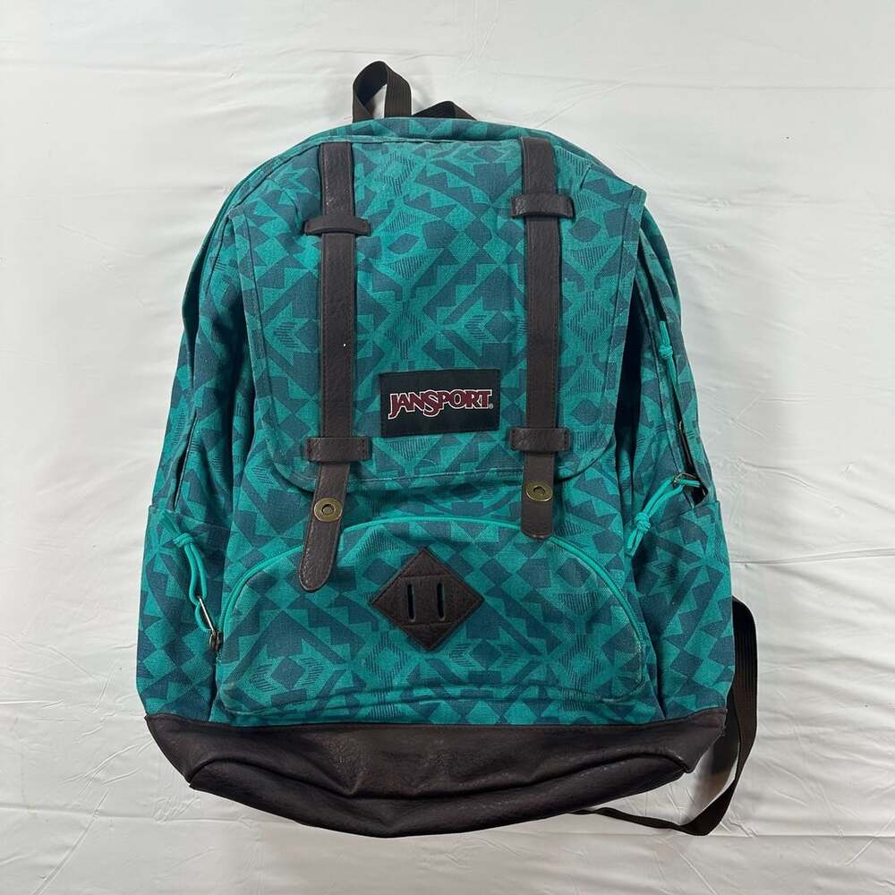 JanSport Baughman Backpack Turquoise Geometric Aztec Print Leather Bottom Y2K